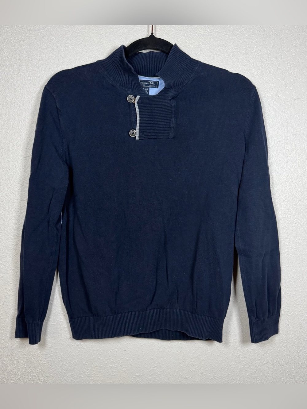 Boys 13/14 Massimo Dutti Navy Mock Neck Knit Sweater Button Pullover Elbow Patch